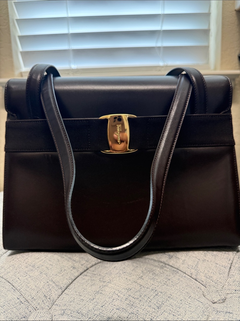 Salvatore Ferragamo Brown Leather Shoulder Bag with Gold-Tone Vara Buckle